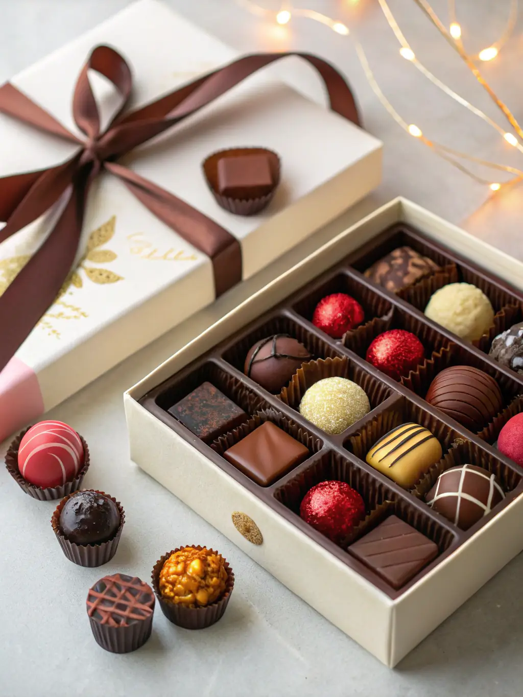 A close-up shot of a beautifully arranged box of artisanal chocolates, highlighting the rich colors and textures of the different flavors, placed on a rustic wooden surface.