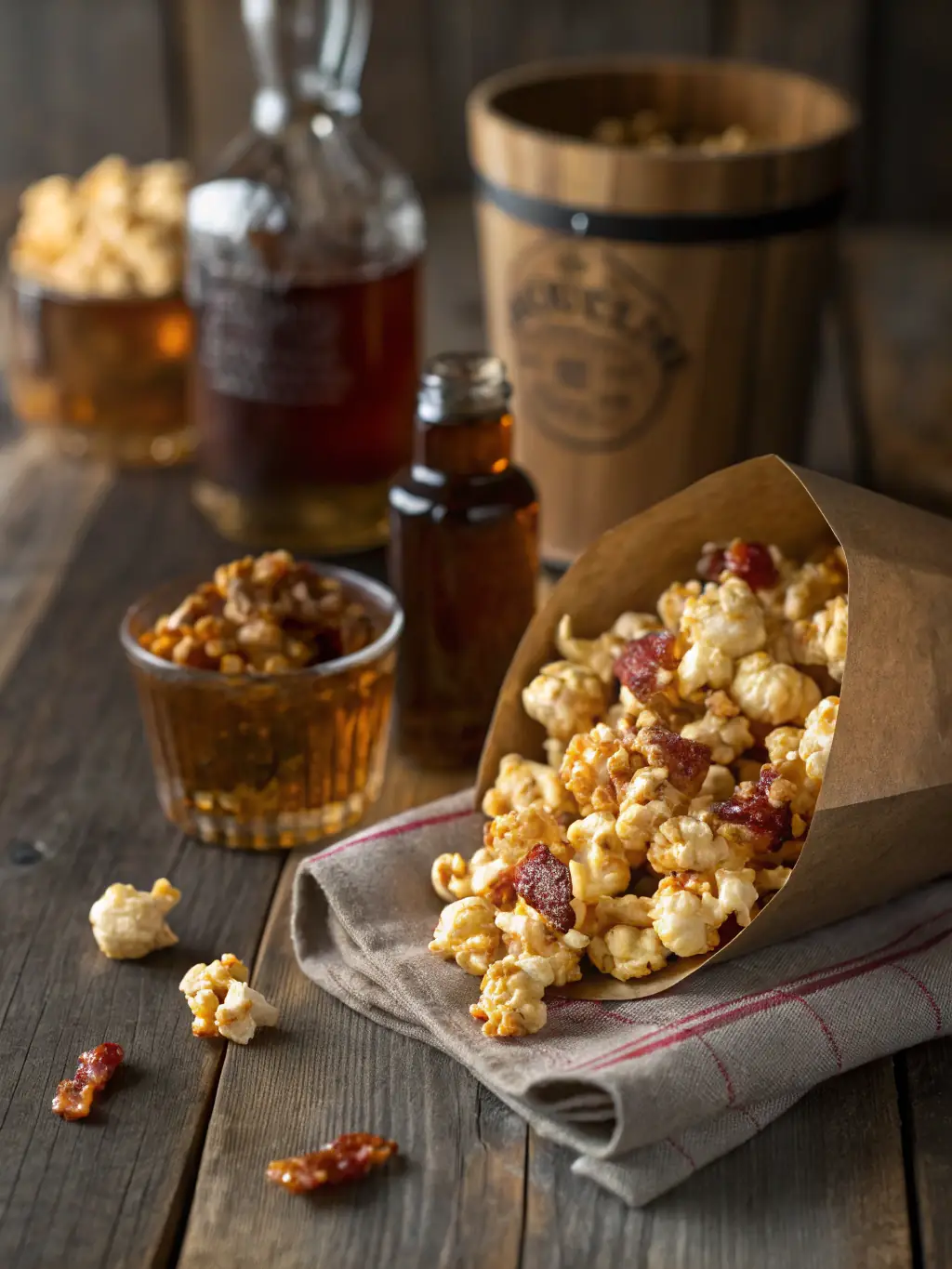 A vibrant image of spicy sriracha popcorn, with visible chili flakes and a glossy sheen, presented in a rustic popcorn bucket.