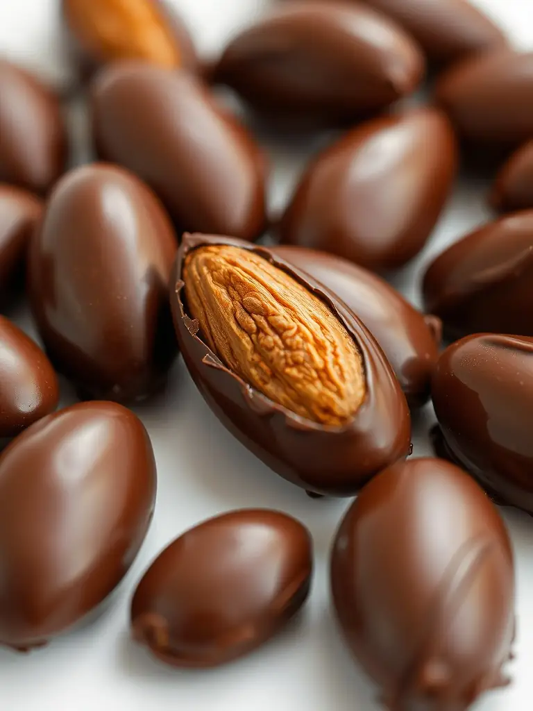 A visually appealing shot of dark chocolate-covered almonds, some whole and some broken to reveal the almond inside, scattered on a wooden surface.