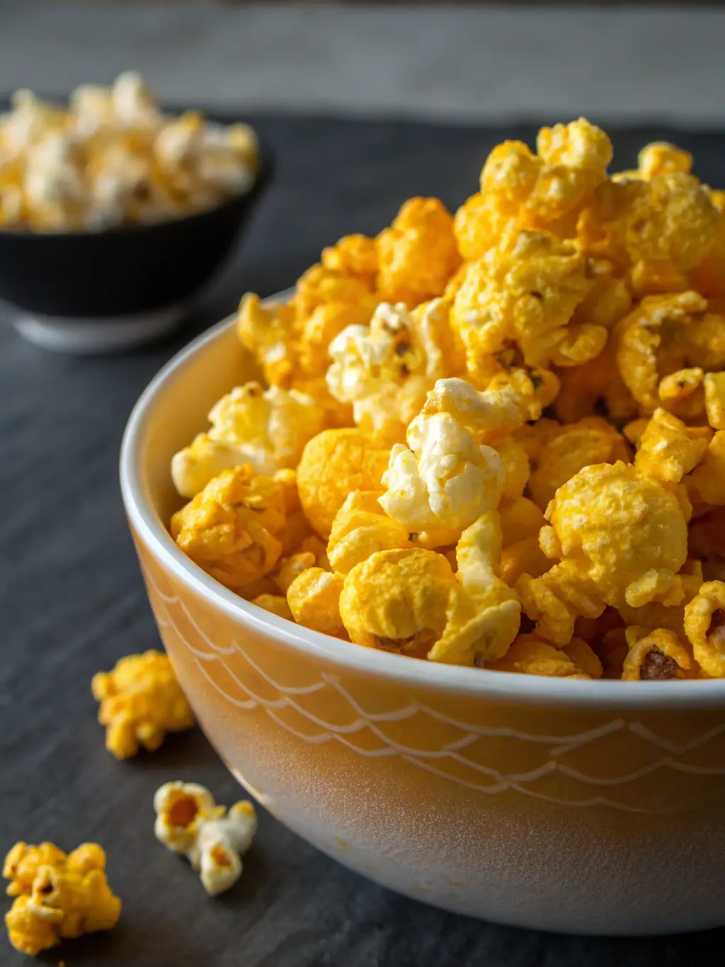 A vibrant image of a bag of gourmet popcorn with various seasonings visible, such as truffle salt, caramel, and spicy chili, scattered around it.