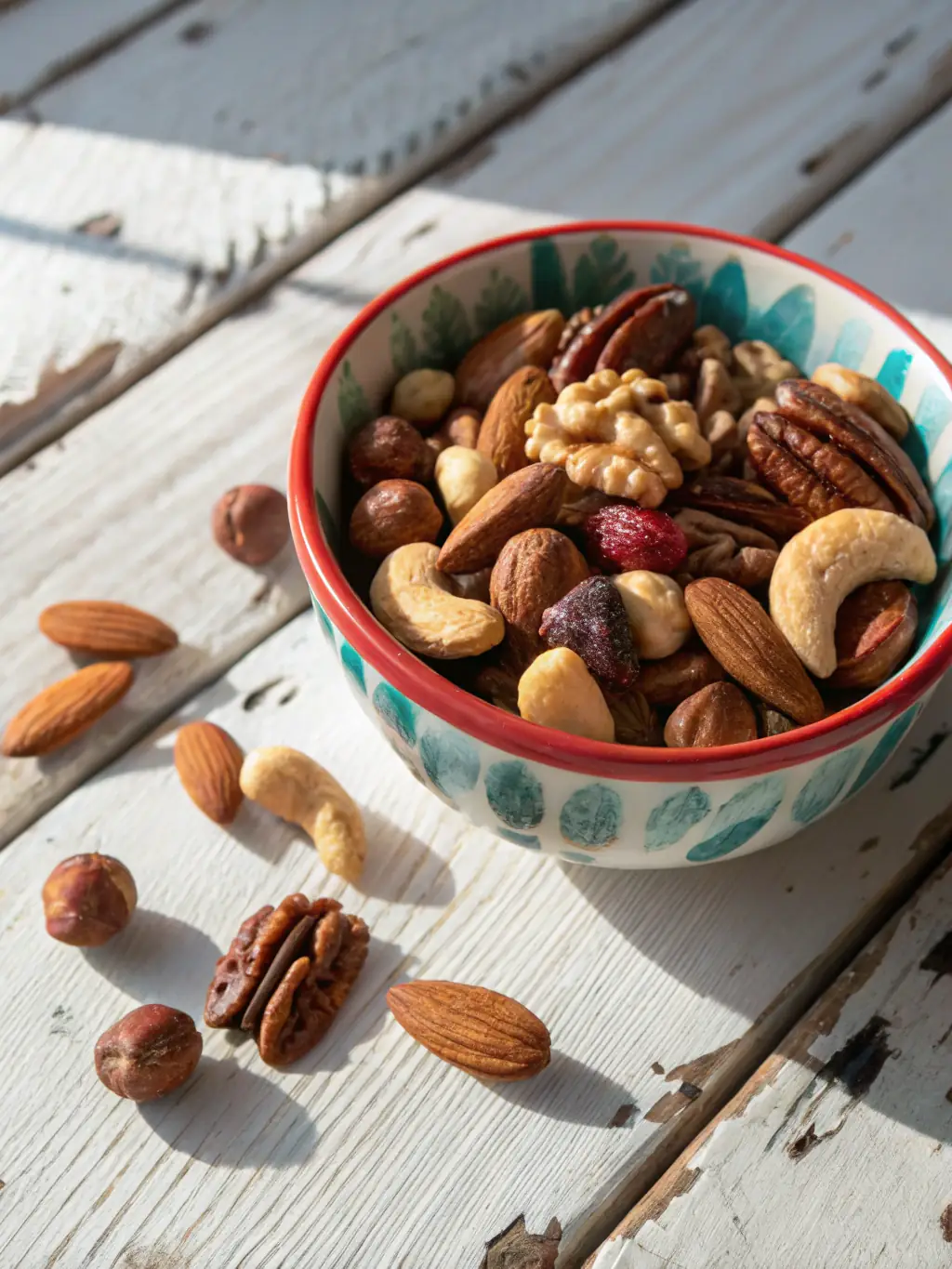 A tempting image of a jar filled with mixed nuts and dried fruits, highlighting the variety of textures and colors, with a spoon scooping out a portion.